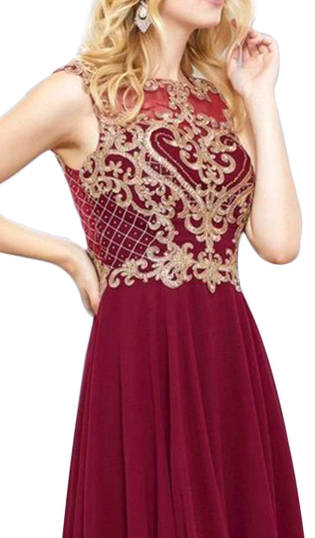 Nox Anabel - 6321 Illusion Gilded Lace Festooned A-Line Gown 6 Nox Anabel - 6321 Illusion Gilded Lace Festooned A-Line Gown