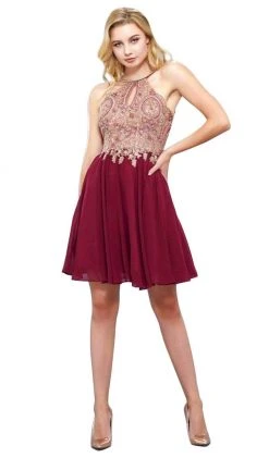 Cocktail Dresses Nox Anabel - 6324 Ornate Lace Cutout Bodice Halter Dress