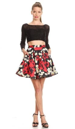 Cocktail Dresses Nox Anabel - 6339 Long Sleeved Two-Piece Floral Party Cocktail Dress