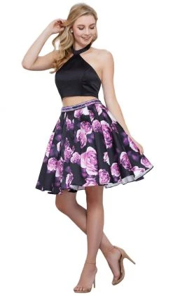 Nox Anabel - 6347 Two Piece Halter Floral Pleated Cocktail Dress