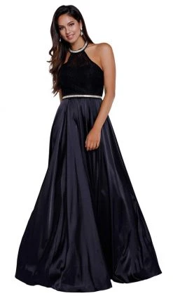 Nox Anabel - 8198 Sleeveless Embroidered Halter Neck A-Line Gown Formal Gowns