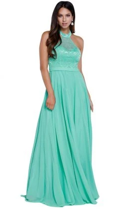 Nox Anabel - 8233 Halter Illusion Laced Bodice Long Evening Gown