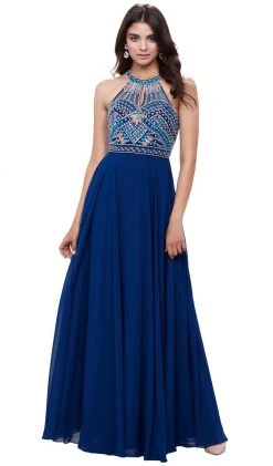Nox Anabel - 8286 Beaded High Halter Long A-line Dress