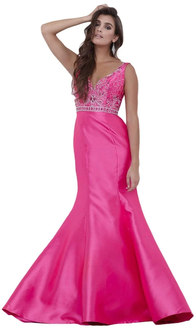 Nox Anabel - 8307 Sleeveless V-Neck Beaded Bodice Trumpet Gown 3 Nox Anabel - 8307 Sleeveless V-Neck Beaded Bodice Trumpet Gown