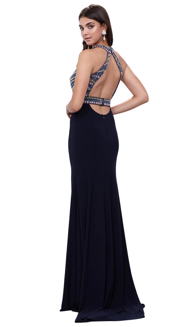 Nox Anabel - 8321 Rhinestone Embellished Halter Illusion Evening Gown 5 Nox Anabel - 8321 Rhinestone Embellished Halter Illusion Evening Gown