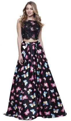 Formal Gowns Nox Anabel - 8336 Two-Piece Bateau Butterfly Printed Evening Gown