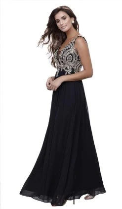 Formal Gowns Nox Anabel - 8343 Sleeveless Beaded V Neck Lace Bodice Long Gown