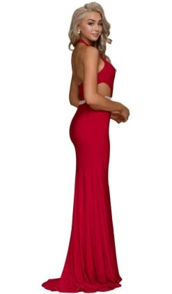Nox Anabel - A046 Plunging Halter Embellished Sheath Dress