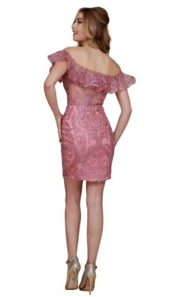 Nox Anabel - A611 Embroidered Ruffled Off-Shoulder Fitted Dress