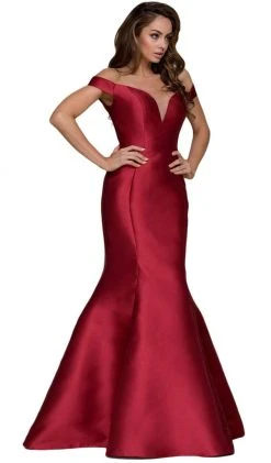 Nox Anabel - C004 Plunge Detailed Off Shoulder Mikado Trumpet Evening Gown