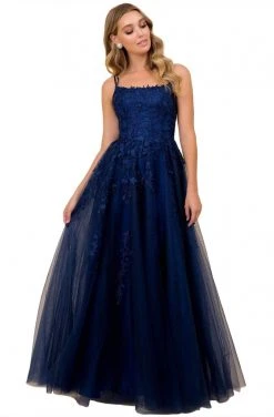 Nox Anabel - C415 Sleeveless Floral Embellishments Long Gown - 1 Pc Navy Blue In Size 10 Available