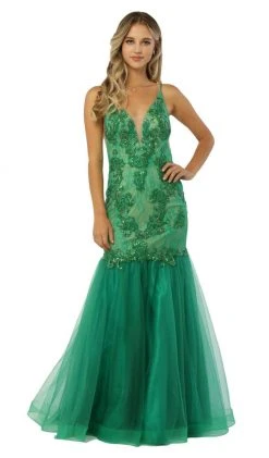 Formal Gowns Nox Anabel - E185 Sleeveless V Neck Beaded Lace Tulle Mermaid Gown