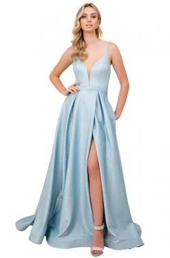 Nox Anabel - E379 Illusion Deep V Neck Glitter Knit Ballgown Formal Gowns