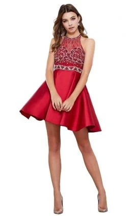 Cocktail Dresses Nox Anabel - Embellished Illusion Halter Satin Short Dress 6262 - 1 Pc Burgundy In Size S Available