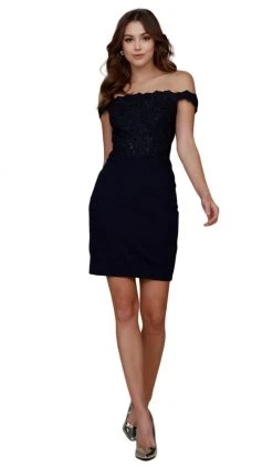 Nox Anabel - G653 Appliqued Illusion Off Shoulder Sheath Dress Cocktail Dresses