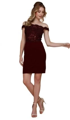 Nox Anabel - G653 Appliqued Illusion Off Shoulder Sheath Dress Cocktail Dresses