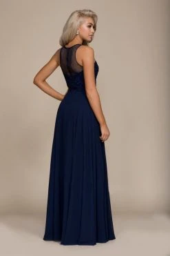 Nox Anabel Jeweled Lace Bodice Chiffon A-Line Evening Dress - 1 Pc Navy Blue In Size L Available Formal Gowns