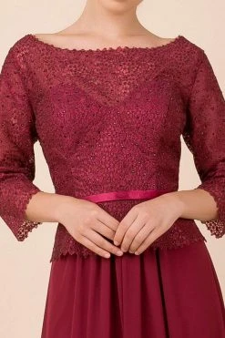 Nox Anabel - M520 Lace Quarter Length Sleeve Bateau A-line Dress Formal Gowns