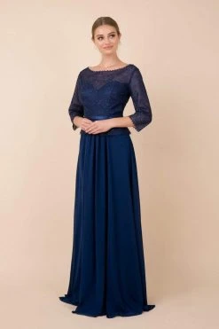 Nox Anabel - M520 Lace Quarter Length Sleeve Bateau A-line Dress Formal Gowns