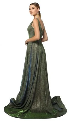 Nox Anabel - R274 Long Iridescent V Neck Gown With Train Formal Gowns