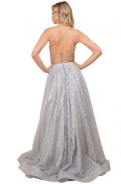 Nox Anabel - R349 Metallic Lace Appliqued Lace Up Back Long Gown 9 Nox Anabel - R349 Metallic Lace Appliqued Lace Up Back Long Gown