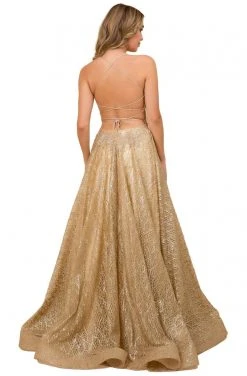 Nox Anabel - R349 Metallic Lace Appliqued Lace Up Back Long Gown