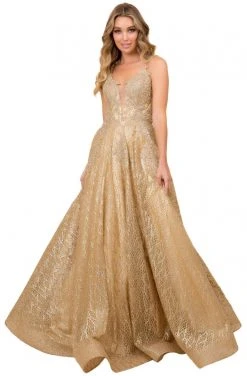 Nox Anabel - R349 Metallic Lace Appliqued Lace Up Back Long Gown