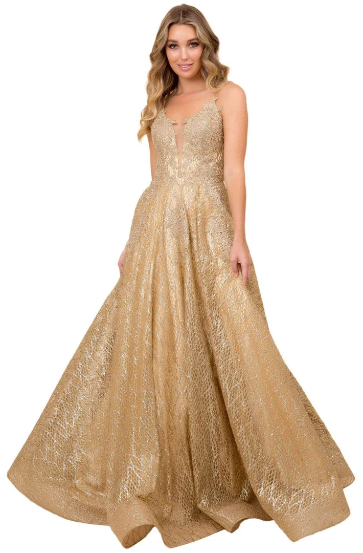 Nox Anabel - R349 Metallic Lace Appliqued Lace Up Back Long Gown 3 Nox Anabel - R349 Metallic Lace Appliqued Lace Up Back Long Gown