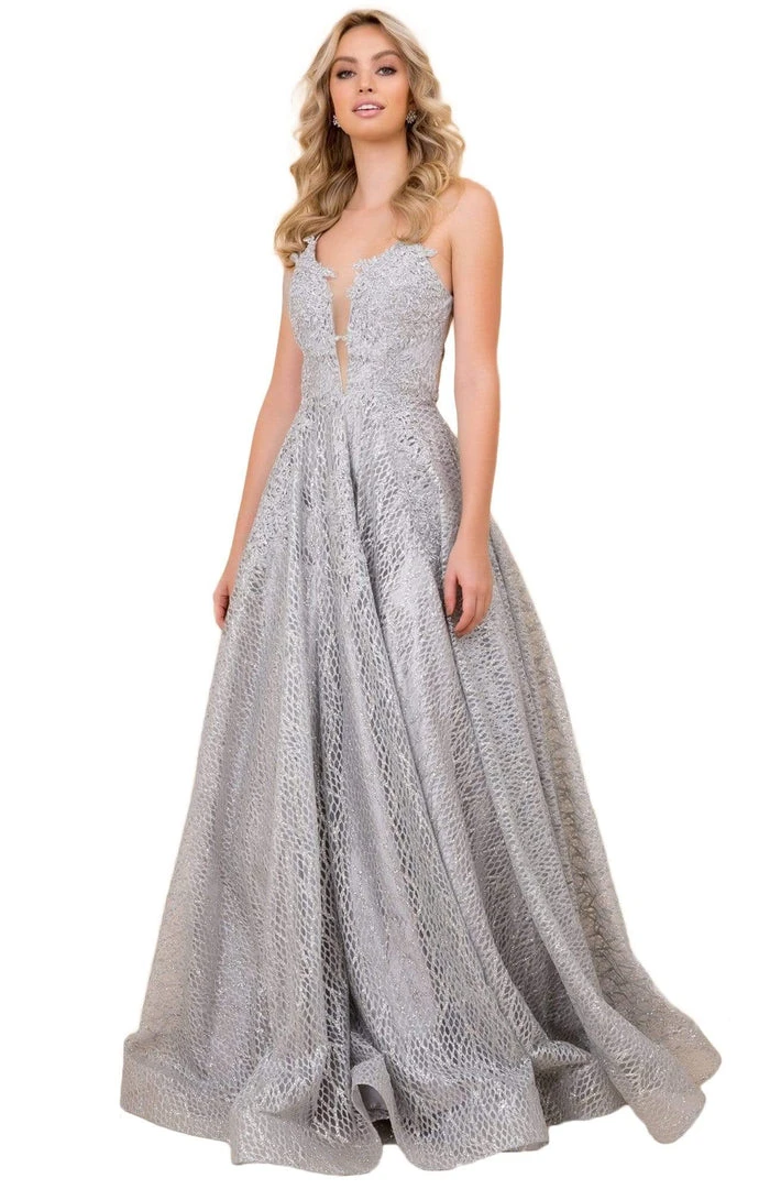 Nox Anabel - R349 Metallic Lace Appliqued Lace Up Back Long Gown 5 Nox Anabel - R349 Metallic Lace Appliqued Lace Up Back Long Gown