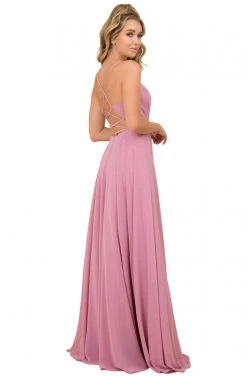 Nox Anabel - R416 Lace-up Open Back Beaded Waist A-Line Prom Dress