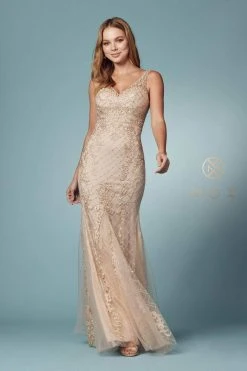 Formal Gowns Nox Anabel - Sleeveless V Neck Beaded Lace Applique Trumpet Gown A398 - 1 Pc Gold In Size 6 Available