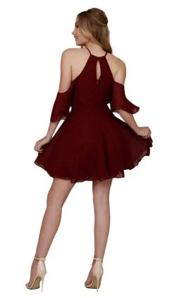 Nox Anabel - T667 Cold Shoulder Short Chiffon Dress