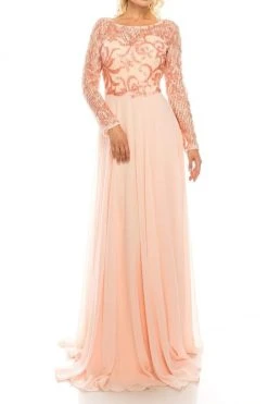 Odrella - 1147 Long Sleeve Sequined Filigree A-Line Gown Formal Gowns