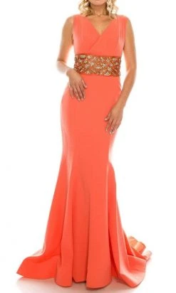 Odrella - 1565 Sleeveless V-Neck Ornate Empire Waist Trumpet Gown Formal Gowns