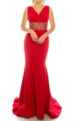 Odrella - 1565 Sleeveless V-Neck Ornate Empire Waist Trumpet Gown Formal Gowns