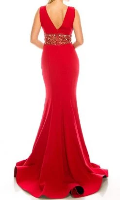 Odrella - 1565 Sleeveless V-Neck Ornate Empire Waist Trumpet Gown Formal Gowns