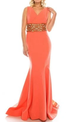 Odrella - 1565 Sleeveless V-Neck Ornate Empire Waist Trumpet Gown Formal Gowns