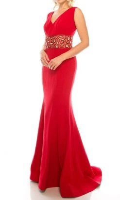 Odrella - 1565 Sleeveless V-Neck Ornate Empire Waist Trumpet Gown Formal Gowns