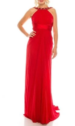 Odrella - 1698 Gathered Embellished Halter Crepe Chiffon Evening Dress