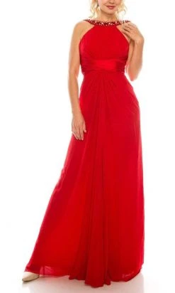 Odrella - 1698 Gathered Embellished Halter Crepe Chiffon Evening Dress