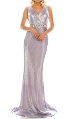 Formal Gowns Odrella - 4763 V Neck Cutout Waist Metallic Rib Sheath Evening Gown