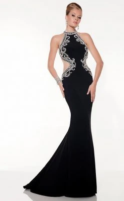 Panoply - 14794 Rhinestone-encrusted Halter Neck Jersey Trumpet Dress