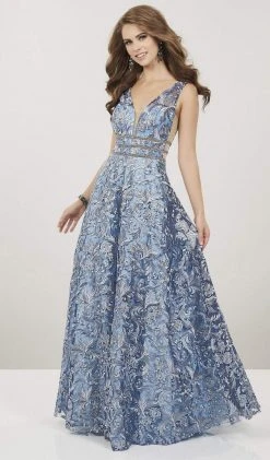 Formal Gowns Panoply - 14918 Embroidered Lace Deep V-neck A-line Dress