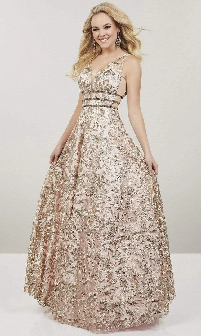 Panoply - Plunging V-Neck Embroidered Lace A-Line Gown 14918 - 1 Pc Blush/Gold In Size 2 Available Formal Gowns 3 Panoply - Plunging V-Neck Embroidered Lace A-Line Gown 14918 - 1 Pc Blush/Gold In Size 2 Available Formal Gowns