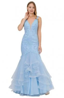 Formal Gowns Poly USA - 8320 Embroidered Deep V-neck Tulle Mermaid Dress
