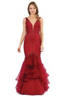 Formal Gowns Poly USA - 8320 Embroidered Deep V-neck Tulle Mermaid Dress 12 Formal Gowns Poly USA - 8320 Embroidered Deep V-neck Tulle Mermaid Dress