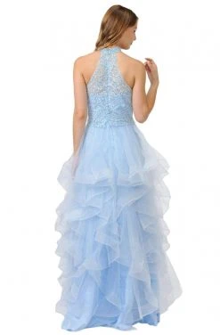 Formal Gowns Poly USA - 8372 Embroidered High Halter Ruffled Dress