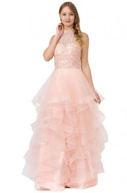 Formal Gowns Poly USA - 8372 Embroidered High Halter Ruffled Dress
