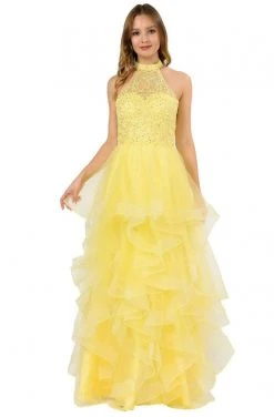 Formal Gowns Poly USA - 8372 Embroidered High Halter Ruffled Dress