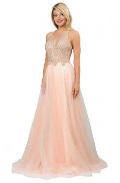 Formal Gowns Poly USA - 8412 Beaded Deep V-neck Ballgown With Strappy Back